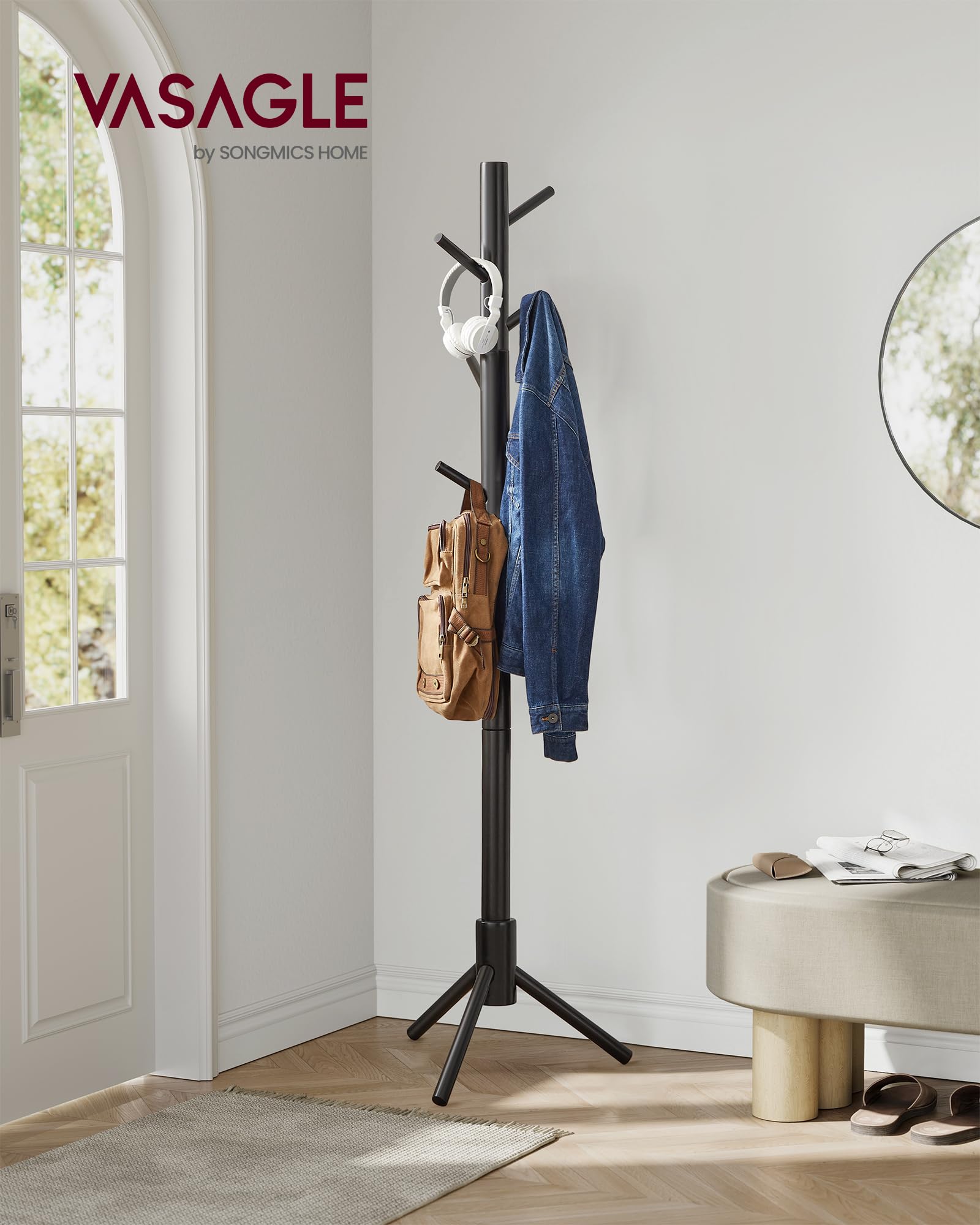 VASAGLE Solid Wood Coat Rack, Free Standing Tree-Shaped Design, 8 Hooks, Black, 68.9 Inches Tall, Ideal for Living Room, Bedroom, Home Office